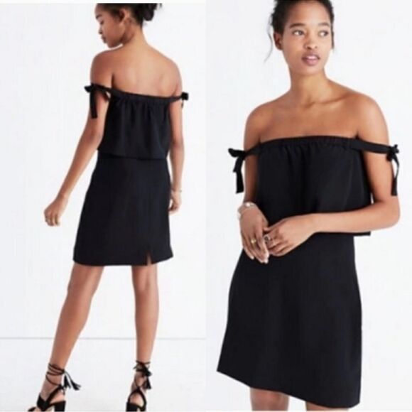 Madewell Off The Shoulder Tie Silk Mini Dress Black - Picture 1 of 11